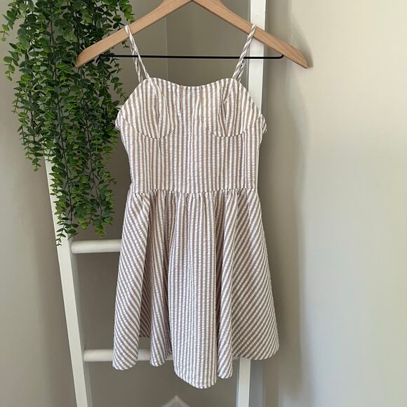 Shein Tan & White Striped Dress Women's Small - Picture 1 of 9